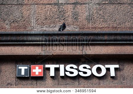 Russia Moscow 2019-06-17 Tissot Logo And Sign On A Building. Tissot Is A Popular And Famous Swiss Lu