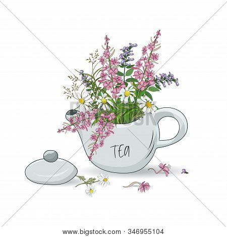 Kettle With A Bouquet Of Wildflowers Daisies, Fireweed, Oregano. Healthy Herbal Tea.
