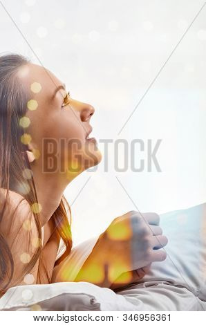 Young Girl Laying On Lightgray Background At Early Morning, In Profile, Double Multiple Exposure Eff