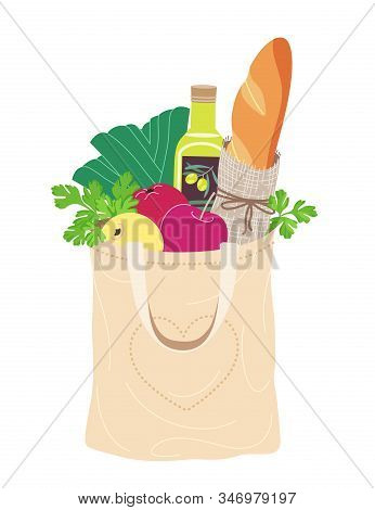 Simple Ecobag With Natural Food Isolated On White. Textile Eco Friendly Reusable Shopping Bag Filled