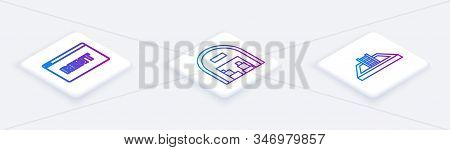 Set Isometric Line Hanging Sign With Text Online Rent, Warehouse And Swimming Pool With Ladder. Whit