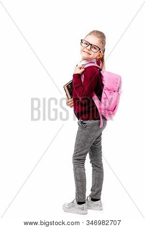 Back To School. Beautiful Little Girl Dressed Like A School Girl - In White Shirt, Red Blouse And Gr