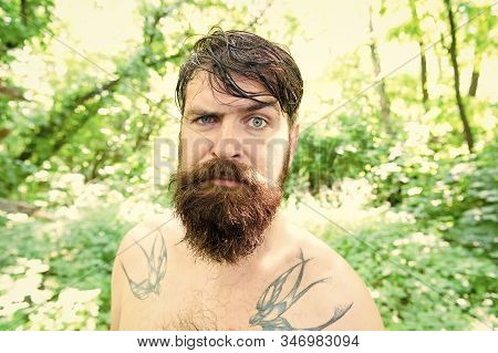 Brutal And Rugged. Hairy Hipster Wearing Long Beard And Mustache In Brutal Style. Bearded Man With B