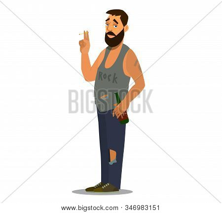 A Sullen Loafer Stands Smoking A Cigarette And Drinking Beer. Flat Character Design For A Person Who