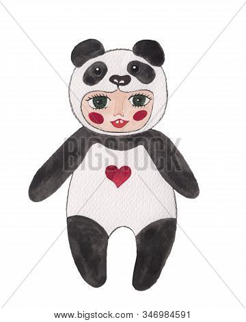 Watercolor Baby In A Panda Costume. Cute Panda Child Party. Symbol Of Chinese New Year.  Costume Pan
