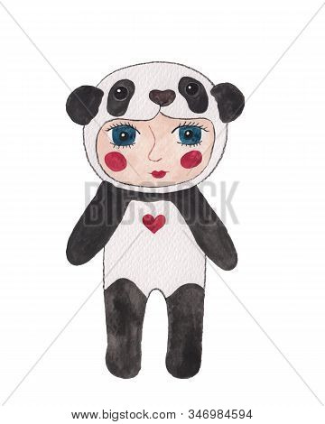 Watercolor Baby In A Panda Costume. Cute Panda Child Party. Symbol Of Chinese New Year.  Costume Pan