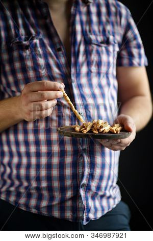 Unhealthy Food, Imbalanced Diet, Eating Quality Improvement. Overweight Man With Plate Of Bread Stic