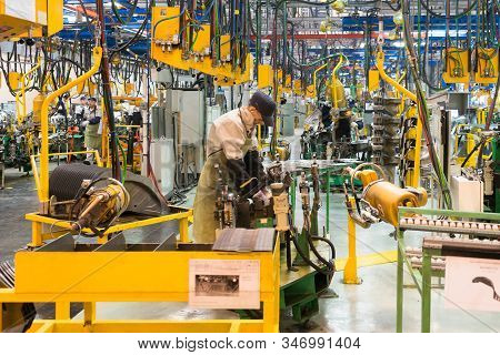 Russia, Izhevsk - December 14, 2019. Izhevsk Automobile Plant. Welding Production At A Car Factory