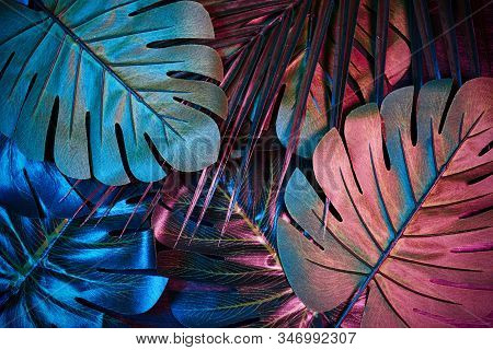 Neon Jungle, Electric Tropical Glitch Summer Pattern. Flat Lay. Top View