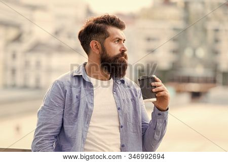 Great Ideas Come From Great Coffee. Man Drink Take Away Coffee. Morning Coffee. Mature Hipster Enjoy