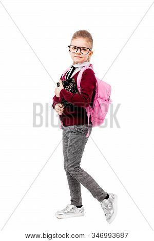 Back To School. Beautiful Little Girl Dressed Like A School Girl - In White Shirt, Red Blouse And Gr