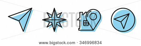 Set Line Map Pointer With House, Paper Airplane, Wind Rose And Paper Airplane Icon. Vector