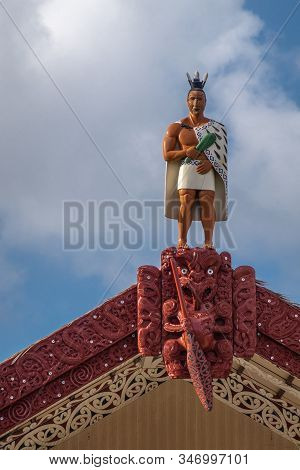Laie, Oahu, Hawaii, Usa. - January 09, 2020: Polynesian Cultural Center. Closeup Of Warrior Statue O