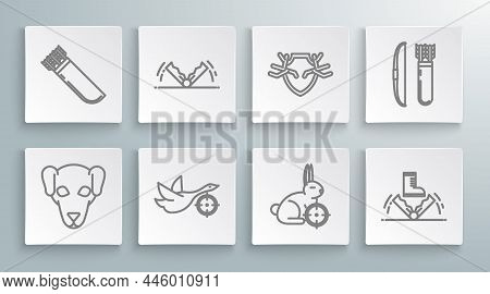 Set Line Hunting Dog, Trap Hunting, On Duck With Crosshairs, Rabbit, Deer Antlers Shield, Bow And Ar
