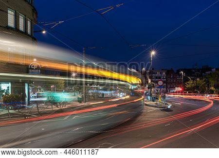 Berchem-sainte- Agathe - Brussels Capital Region- Belgium - 10 10 2021: Light Trails Of A Tramway Pa