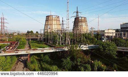 Aerial Drone View Flight Near Thermal Power Plant. Cooling Towers Of Chp