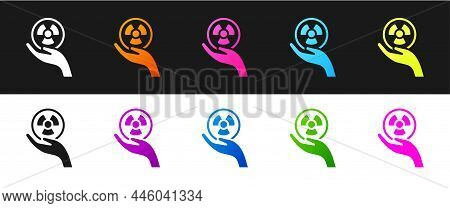Set Radioactive In Hand Icon Isolated On Black And White Background. Radioactive Toxic Symbol. Radia