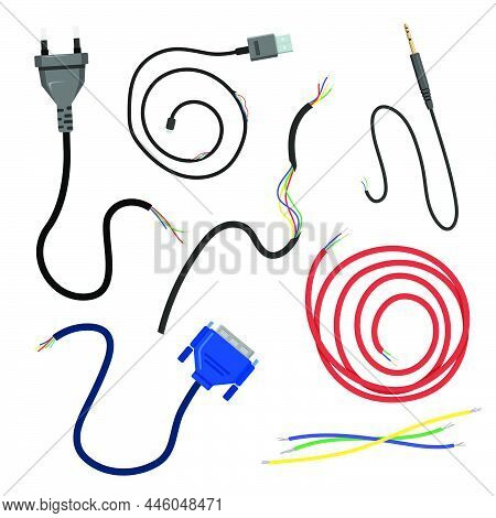 Broken Electrical Cable Set. Vector Illustrations Of Damaged Cords For Power, Connection. Cartoon To