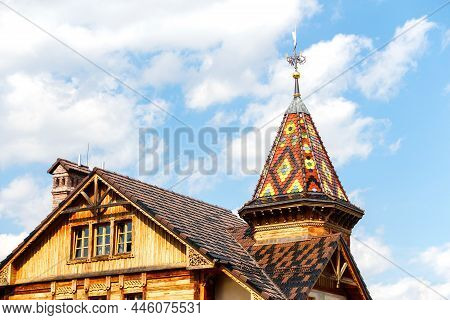 Wooden House With Colorful Bright Roof.  Country House Old Rural Wooden House In Abandoned Village I