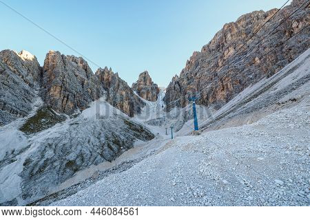 Staunies Historic Cable Car Leading To Ivano Dibona Via Ferrata Route In Dolomiti Mountains, Italy