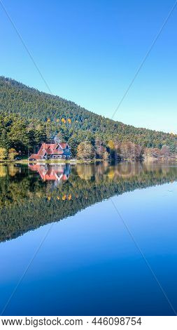 Panoramic View Of Abant Lake With A Wooden Lake House In Abant, Golcuk, Bolu, Turkey