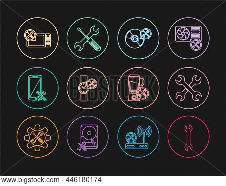 Set Line Wrench, Crossed Wrenchs, Cd Or Dvd Disk Service, Wrist Watch, Smartphone, Microwave Oven, B