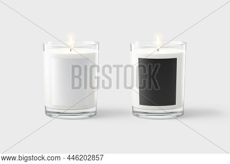 Blank Candle In Glass Jar With Black And White Label Mockup, Gray Background, 3d Rendering. Empty Tr