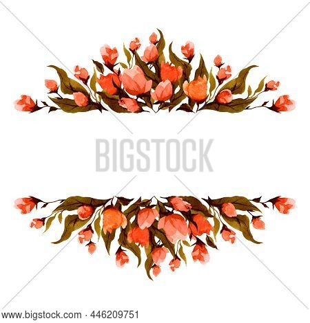 Watercolor Composition Of Flowers On White Background. Frame, Border. Greeting Card, Poster, Banner 