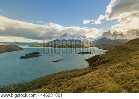 Landscape With Lago Del Pehoe In Torres Del Paine National Park, Patagonia, Chile.
