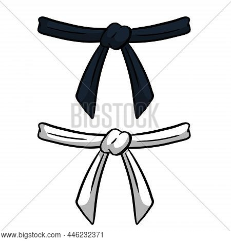 Black And White Belt Karate And Judo. Traditional Japanese Kimono. Master Level Set. Hand Drawn Illu