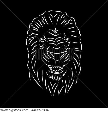 Lion Head, Statue. Vector Antique Logo. Ancient Greek Or Roman Style Elements. Contour Lion Head Wit