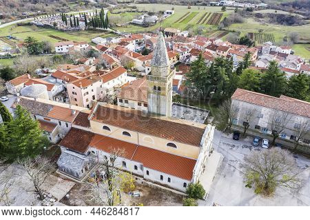 An Aerial View Of Zminj And Parish Church Of St. Mihovil, Istria, Croatia