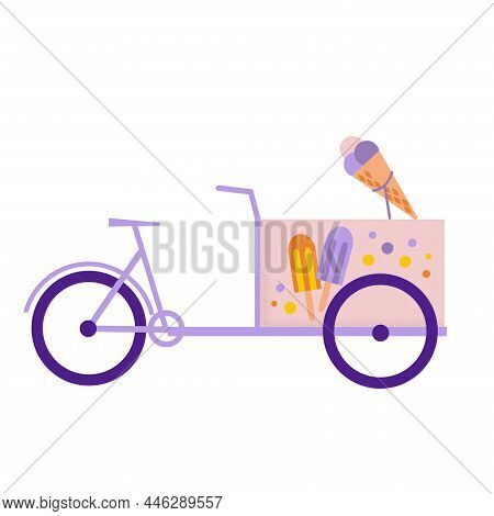 Ice Cream Cart Bicycle. Street Food Mobile Shop. Flat Cartoon Vector Illustration