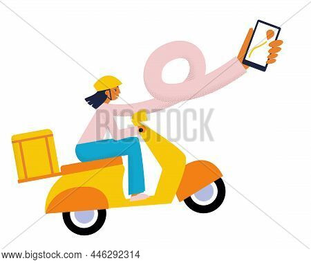 Young Woman On Motorbike. Delivery Courier Girl With Long Hand Holding Mobile Phone With Tracking Ap