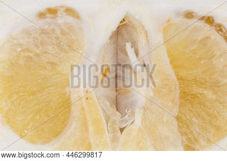 Central Part Of A Ripe Oroblanco Fruit, That Was Cut Lengthwise, Top View Close-up, Texture