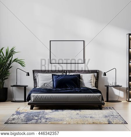 Picture Frame Mock Up In Home Bedroom Interio With Bed And Dark Blue Pillow, Bedside Tables, Plant W