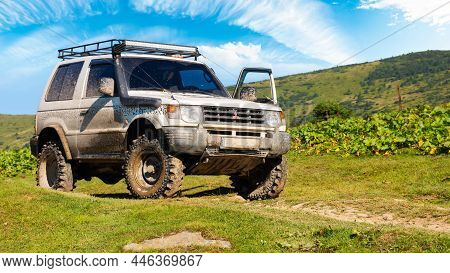 Kvasy, Ukraine - Aug 22, 2020: Off Road Ready 3 Door Mitsubishi Pajero On The Hill. Dirty 4x4 Vehicl