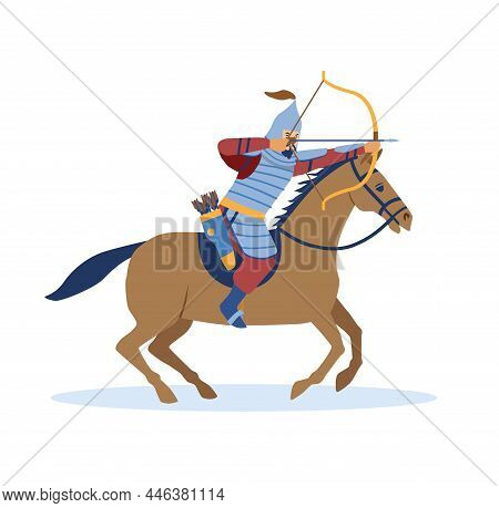 Mongol Conquest Concept. Young Strong Asian Man In Metal Armor And Helmet Rides Horse And Shoots Arr