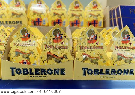 Tyumen, Russia-december 02, 2021: Toblerone Logo Close-up. Toblerone Is Swiss Brand Of Chocolate Bar