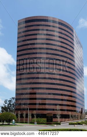COSTA MESA, CALIFORNIA - 8 MAY 2021: Center Tower adjacent to the Segerstrom Center for the Arts, has over 460,000 square feet of Class A office space.
