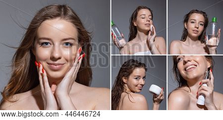 Preset With Closeup Portraits Of Young Female Fashion Model With Well-kept Skin Isolated On Grey Stu