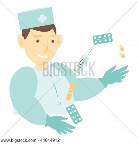 A Medical Officer Juggles Medicines. Cheerful Doctor. Medicines In The Hands Of A Doctor. Pharmacist