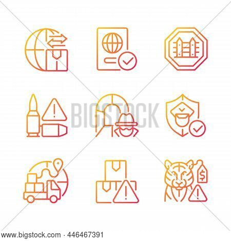International Trading Gradient Linear Vector Icons Set. Customs Officer. Smuggling Tunnel. Border Se