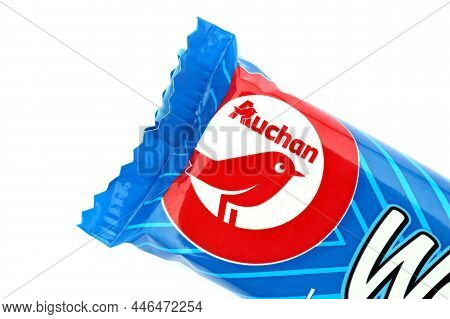 Kharkov, Ukraine - January 3, 2021: Wafelek Chocolate Wafer Product By Auchan, A French Multinationa