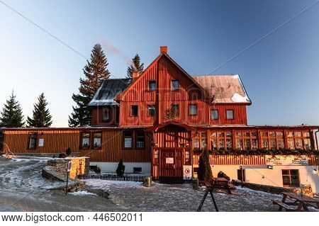 Sokolec, Poland - December 31, 2020: Mountain Refuge 
