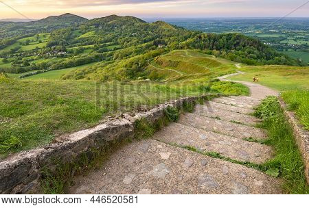 A Dog Standing On The Pathway,that Winds It's Way Along The Legnth Of The Malvern Hills,with Beautif