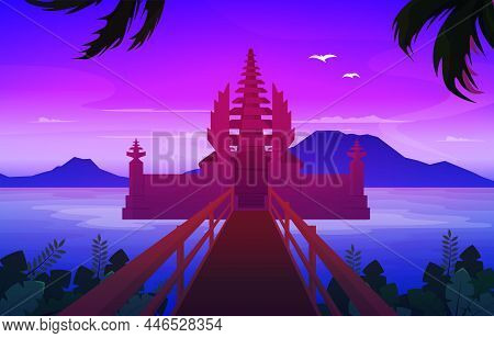 Sea Mountain Temple Beratan Lake Bedugul Bali Landscape View Illustration