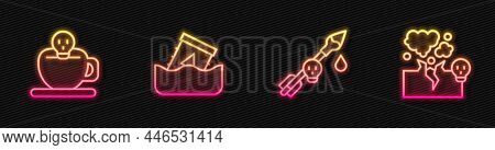 Set Line Poison On The Arrow, Coffee Cup With Skull, Radioactive Waste In Barrel And Poisonous Cloud