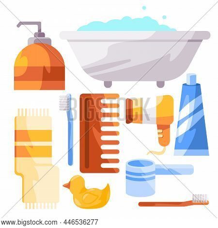Bathroom Object Collection Set Illustration Kids Children Style Of Bathub Hair Dryer And Comb Colorf