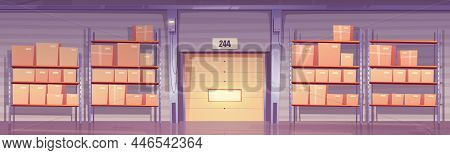 Warehouse Store Interior, Logistics, Cargo And Goods Delivery Postal Service. Storehouse With Rollin
